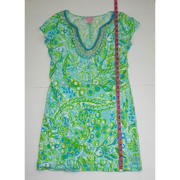 Lilly Pulitzer Harper Embellished T Shirt Dress Green Blue Pastel Linen Blend S - Picture 11 of 11
